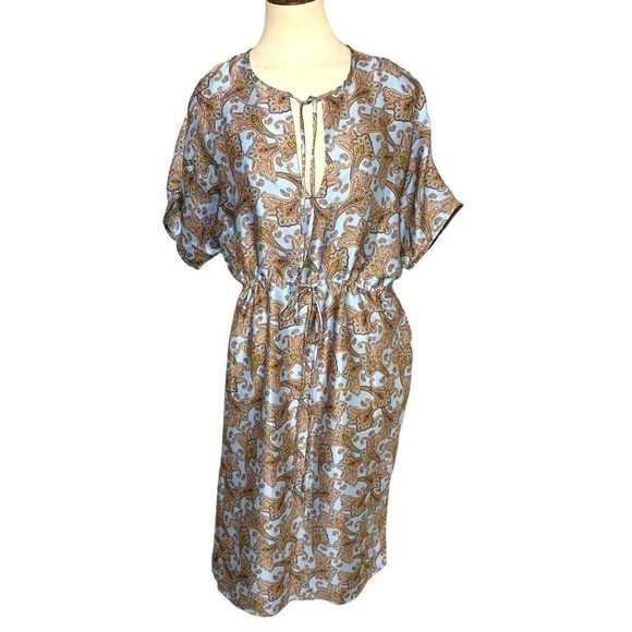 Mango Suit Blue Satin Shift Dress Paisley Print Short Sleeve Relax Pullover Sz 4 - Picture 3 of 14